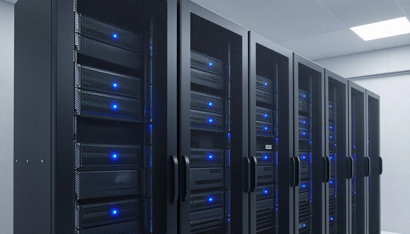 A modern computing datacenter server rack with glowing indicator lights
