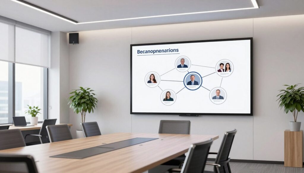 A modern corporate conference room with collaborative digital screens