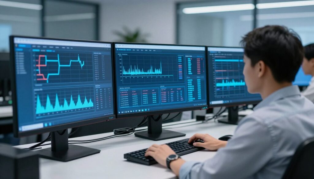A secure network operations center with security analytics on screens