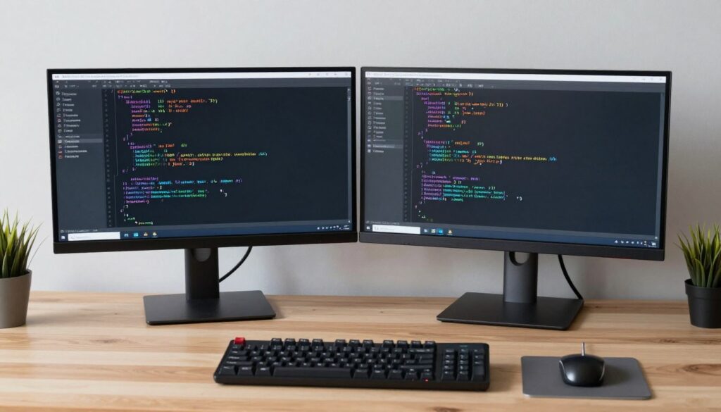 A software developer desk with dual monitors showing code syntax