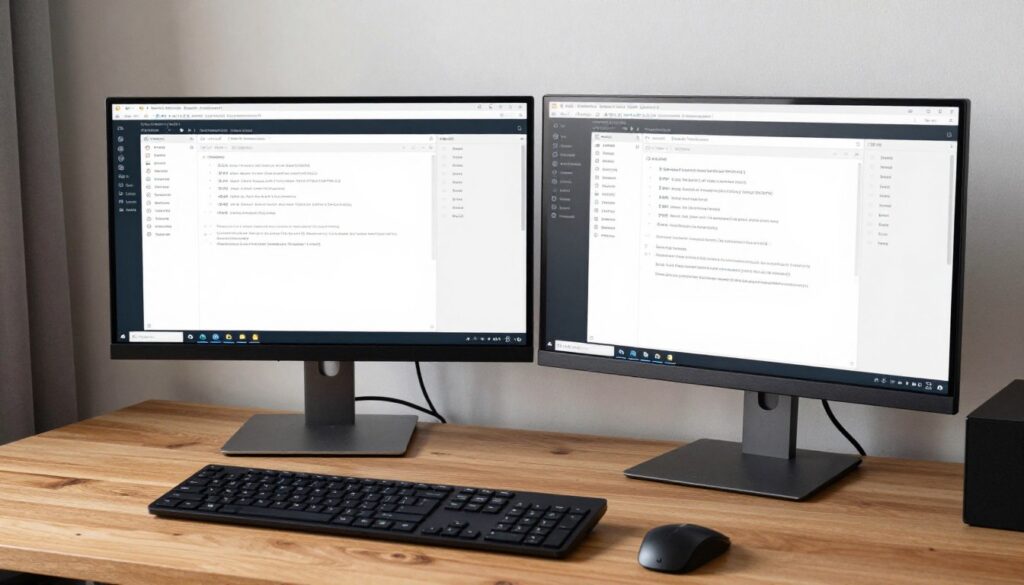 A software engineering desk showing multiple clean code displays and analytical tools