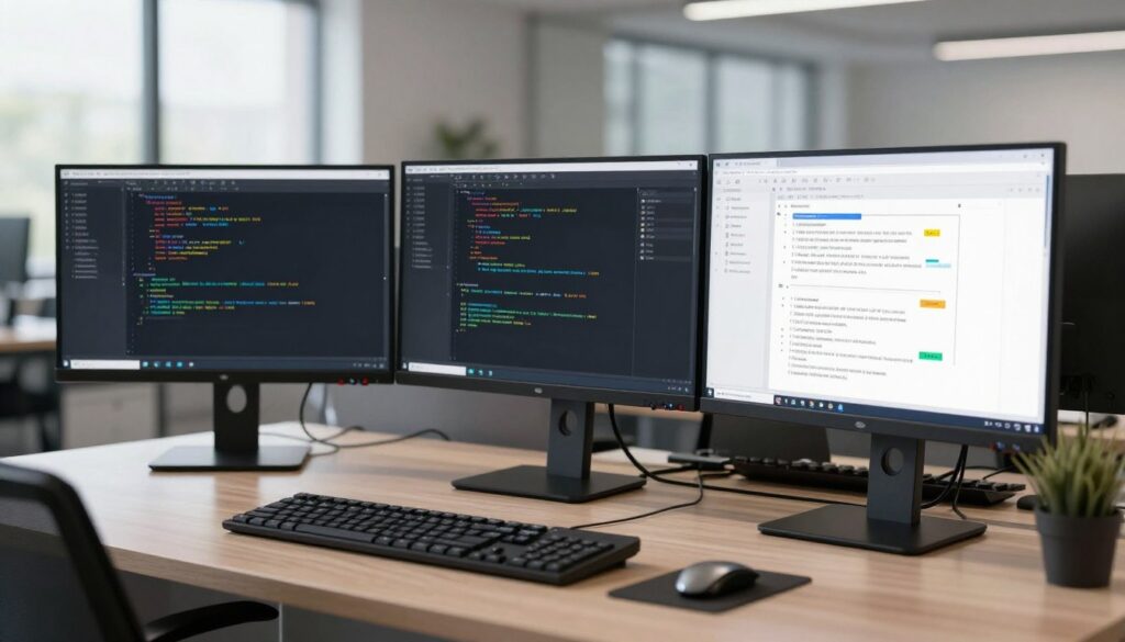 A technical workspace with workstations displaying system architecture diagrams