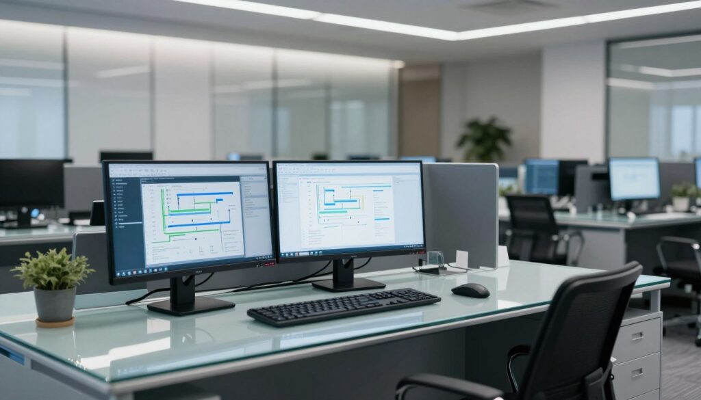 An enterprise office control room with operational data dashboards