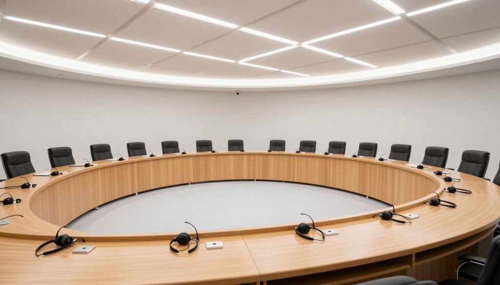 An international policy assembly hall with empty seats and diplomatic flags