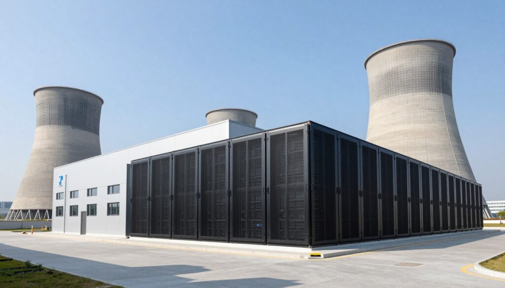Exterior view of a large modern industrial datacenter facility