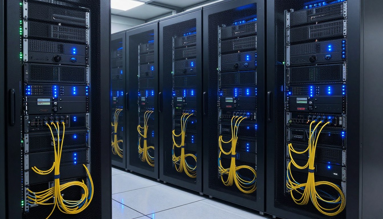 Modern computer server room illuminated with cool blue LED lighting